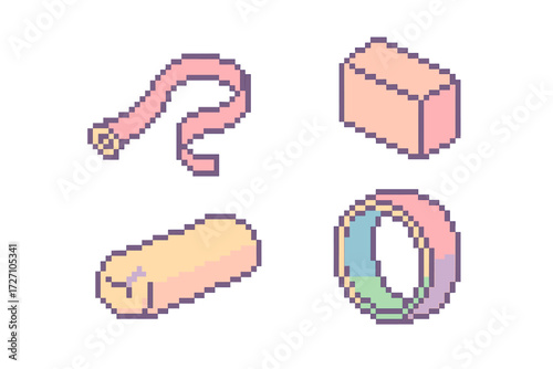 Colorful pixel art of different simple shapes including a ribbon, block, cylindrical object, and ring