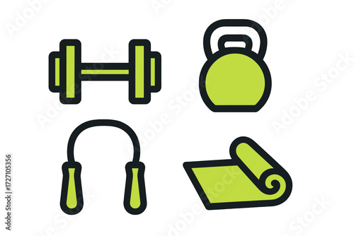 Fitness equipment arrangement for home gym with weights, kettlebell, jump rope, and exercise mat