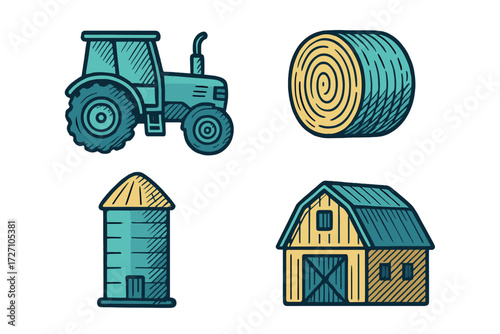 Various farm elements including a tractor, hay bale, silo, and barn in a simple illustration style