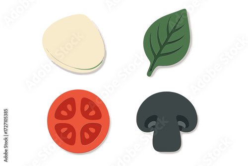Colorful food cutouts of a potato, leaf, tomato, and mushroom on a clean surface