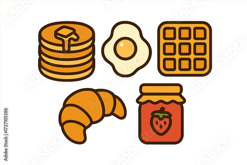 Delicious breakfast spread with pancakes, eggs, waffles, croissants, and strawberry jam to enjoy in the morning