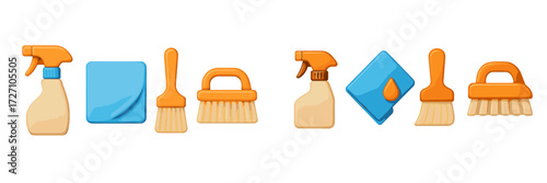 Cleaning tools and supplies arranged in a neat line for an organized cleaning session at home