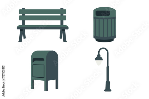 Park scene with bench, trash can, mailbox, and street lamp in a simple design