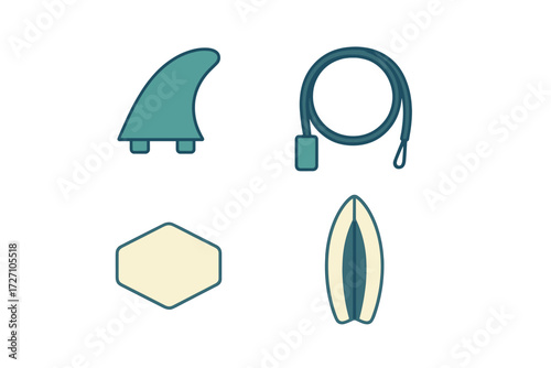 Surfboard accessories including fins, leashes, wax, and surfboards displayed together for aquatic enthusiasts and surfers