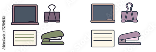Office supplies arranged neatly on a workspace with a laptop, binder clips, and a stapler at a home office in the afternoon