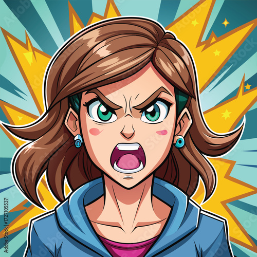 A close-up portrait of a woman with wide eyes and an open mouth, conveying extreme anger. The vibrant, radiating background amplifies the emotional intensity of the scene.