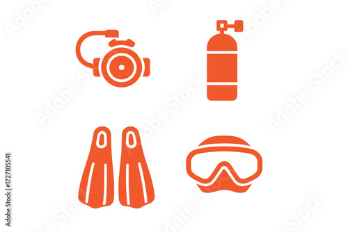 Essential scuba diving gear including regulator, tank, fins, and mask for underwater exploration