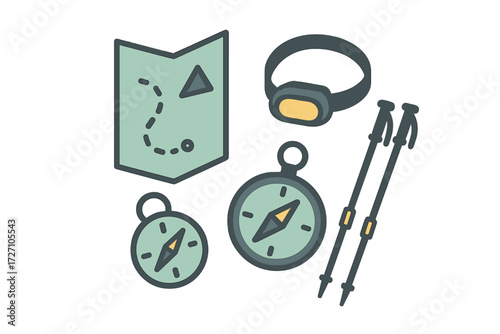 Essential hiking gear including compasses, a map, and trekking poles for outdoor adventures