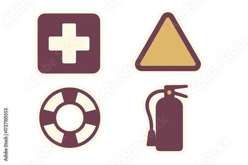 Signs indicating safety and emergency equipment used in workplaces and public areas