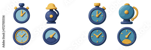 Colorful clock designs in various styles showcasing timekeeping instruments in a playful, modern aesthetic