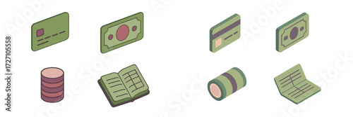 Colorful illustrations of money, cards, and financial documents arranged in a neat layout