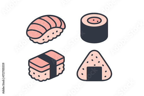 Different types of sushi and rice dishes served on a colorful background