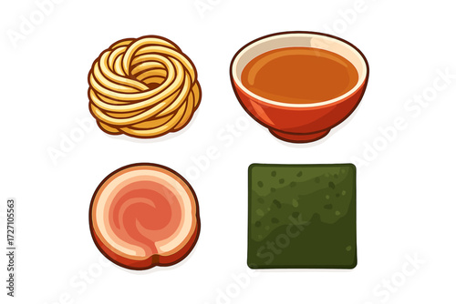 Delicious noodles, broth, sliced meat, and seaweed on a white background for a culinary experience
