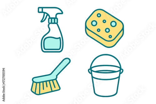 Cleaning supplies including spray bottle, sponge, broom, and bucket for effective household chores