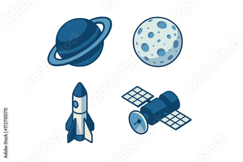 Colorful illustrations of space elements including a planet, moon, rocket, and satellite in a simple design