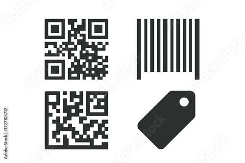 Different types of codes including QR codes, barcodes, and price tags displayed on a simple white background