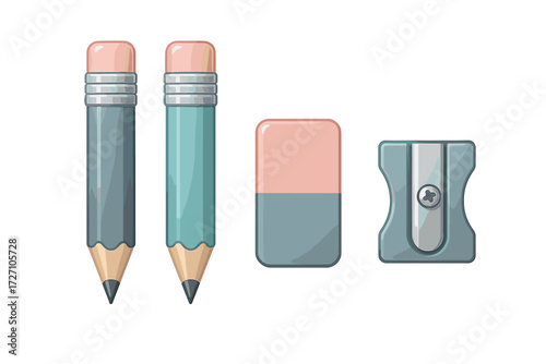 Two pencils, an eraser, and a sharpener on a white background showcasing basic school supplies for students