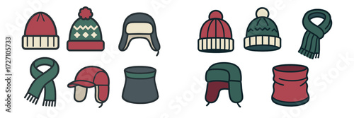 Various winter hats and accessories displayed in a colorful design for cold weather fashion