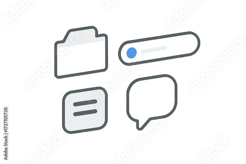 Digital interface elements representing file management and messaging systems in a minimalistic design
