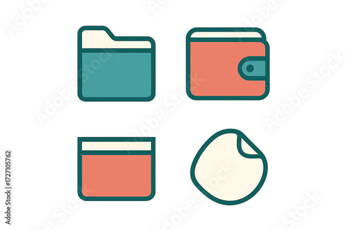 Collection of colorful flat design icons representing folders, wallets, and sticky notes in a simple layout