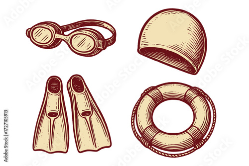 Essentials for a fun day at the pool including goggles, cap, fins, and a lifebuoy