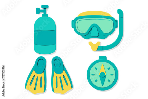 Diving equipment including snorkel, fins, compass, and tank in bright colors for underwater adventures