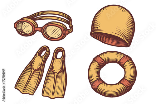 Gear for swimming and water safety featuring goggles, fins, swim cap, and life ring