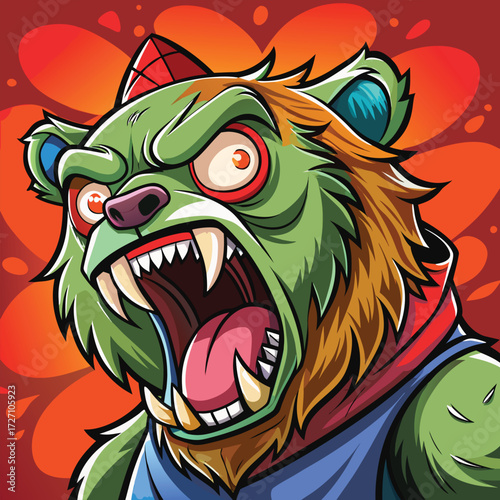 A detailed close-up of a monstrous green zombie bear, snarling with sharp teeth and glowing red eyes. This creature art is perfect for game assets or thematic graphics.