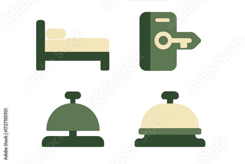 Hotel room icons including bed, keycard access, reception bell, and check-in desk in a minimalist design