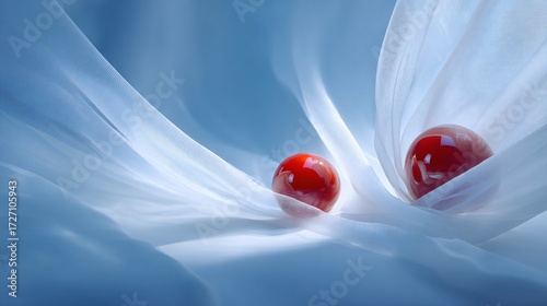 Shiny Red Spheres Nestled in Flowing White Fabric Drapes