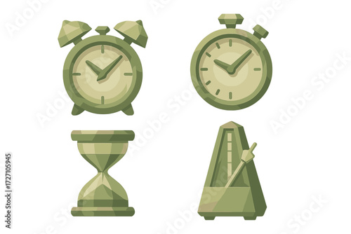 Various vintage timekeeping devices in green tones, showcasing an alarm clock, stopwatch, hourglass, and metronome