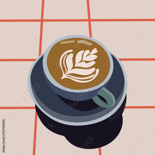 Coffee Break: Top View of Cappuccino with Latte Art. The beverage is served in a stylish dark blue ceramic cup and matching saucer.