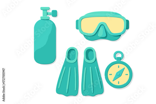 Diving equipment set including snorkel, mask, fins, and compass for underwater adventures