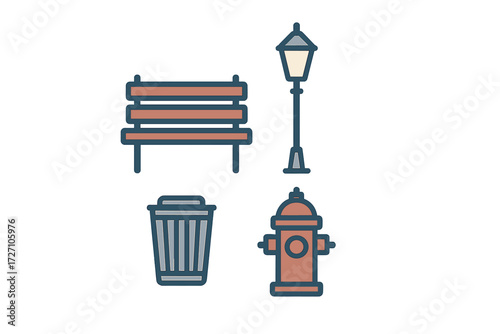 Illustrations of urban elements including a bench, lamp post, trash can, and fire hydrant in a city park setting