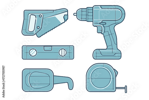 Various tools including a drill, saw, and measuring tape displayed on a clean background
