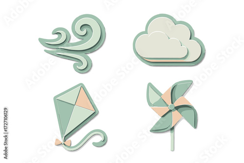 Decorative illustrations of wind, clouds, a kite, and a pinwheel in soft colors for a playful atmosphere