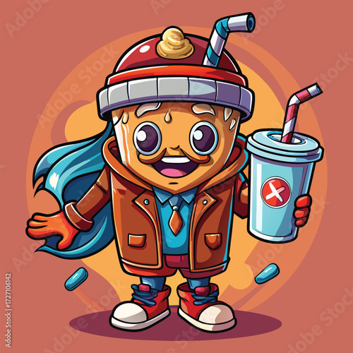 A cheerful anthropomorphic coffee cup character, dressed in a jacket and scarf, with a vibrant blue cape flowing, stands holding a refreshing drink, ready for exciting escapades.
