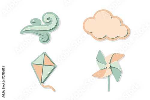 Colorful paper shapes of wind, cloud, kite, and pinwheel arranged on a plain background for creative design projects