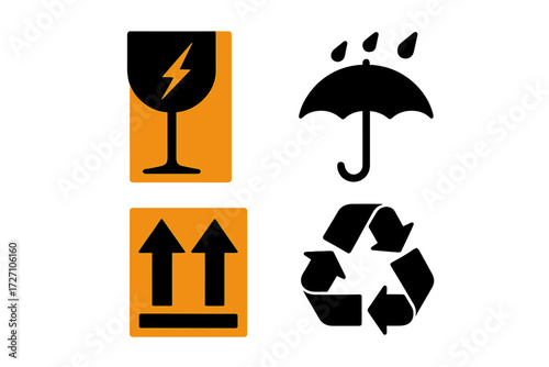 Safety symbols for packaging highlighting fragile, waterproof, and recyclable materials in clear visual formats