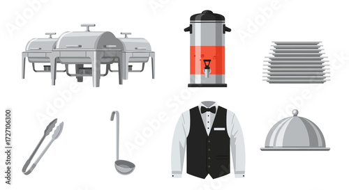 Diverse catering equipment and serving essentials vector illustration showcases chafing dishes, beverage urn, plates, tongs, ladle, waiter attire and serving platters for professional events