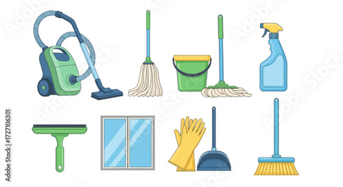 Collection of cleaning supplies in flat design style vacuum cleaner, mop, bucket, spray bottle, window cleaner, gloves, dustpan, brush, window, tools, equipment, housework