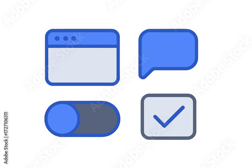 Various digital interface icons in blue, including a window, speech bubble, toggle switch, and checkbox for user experience design