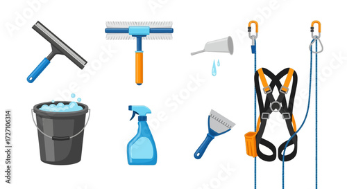Essential Window Cleaning and Safety Equipment Illustration Showcasing a Collection of Tools and Gear for Sparkling Glass Surfaces, Suitable for Maintenance and Professional Cleaning