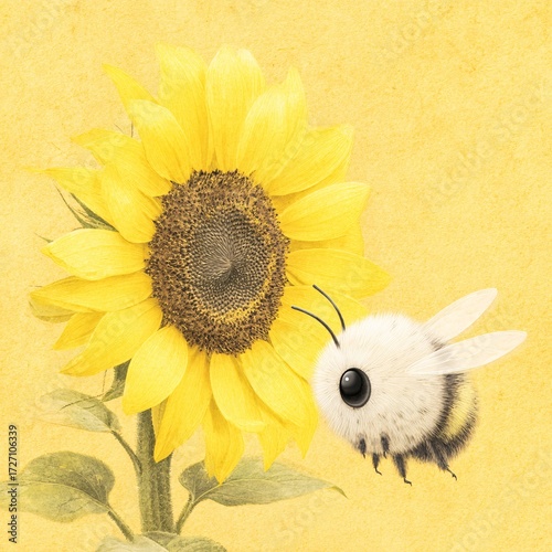 Cute White Bumblebee Pollinating Vibrant Sunflower Bloom