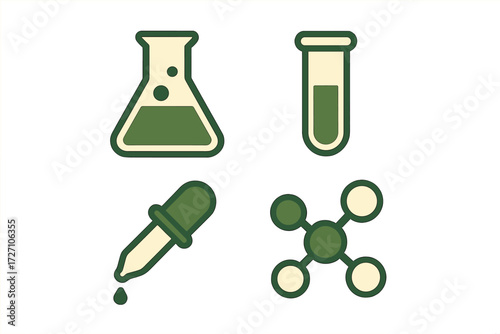 Icons representing laboratory equipment and chemical processes featuring flasks, test tubes, pipettes, and molecular structures in green tones