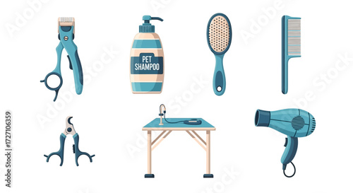 Collection of grooming tools for pets, including clippers, shampoo, brushes, a grooming table, and a hair dryer, essential for pet care and hygiene
