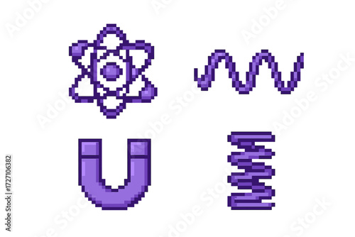 Colorful pixel art representing science concepts with symbols of an atom, wave, magnet, and spring in a digital style