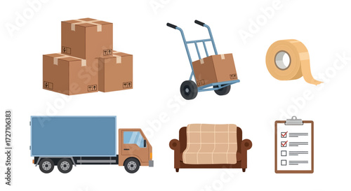 Vector illustration set of moving day elements cardboard boxes, hand truck, tape, delivery truck, sofa, and checklist. Perfect for relocation themes, packing, and logistics