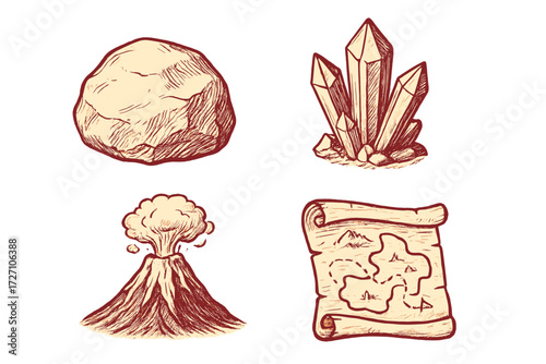 Natural elements including rocks, crystals, a volcano, and a treasure map on a white background