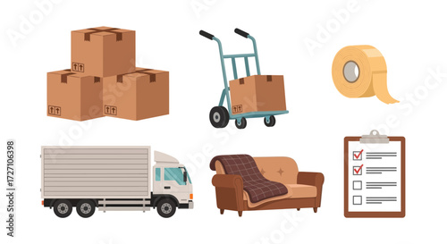 Illustration of moving day essentials boxes, a hand truck with a box, tape, a moving truck, a sofa with a blanket, and a checklist for a smooth transition